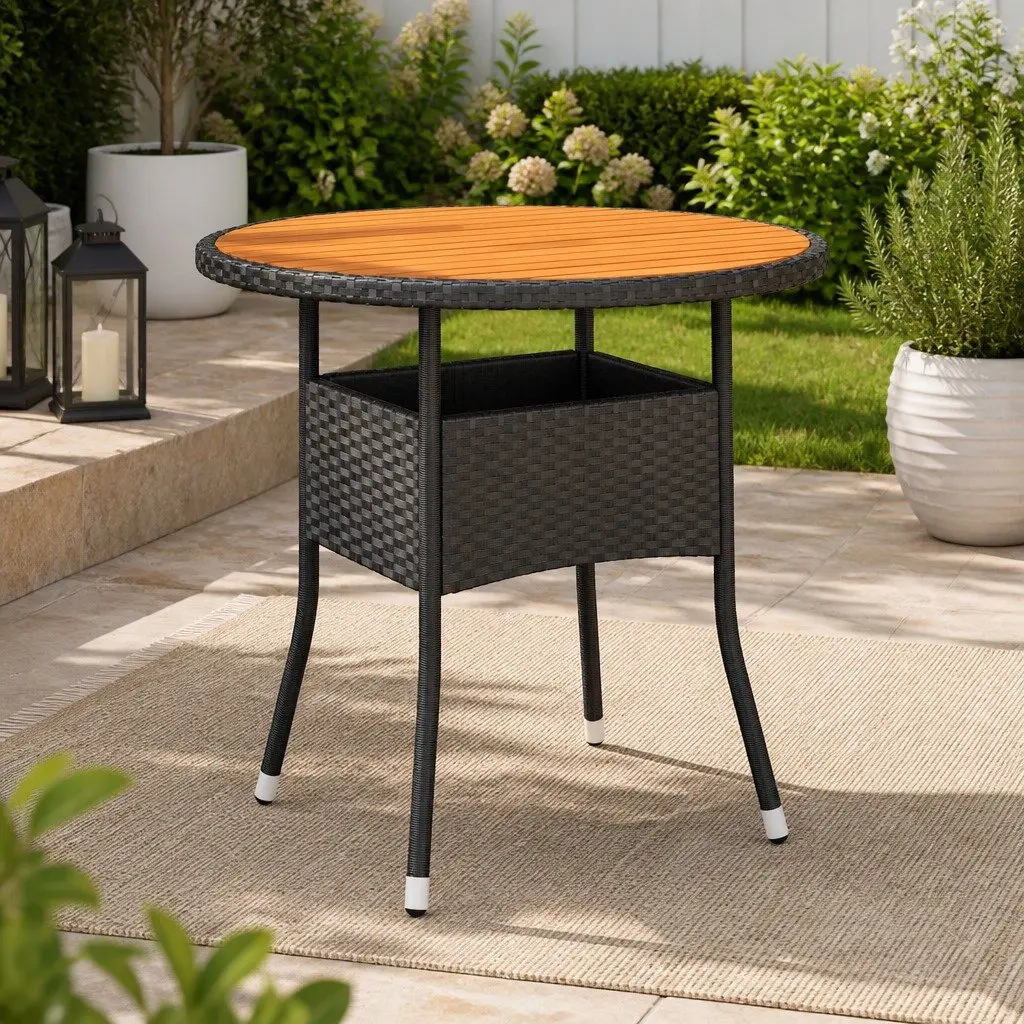 Garden Table Black Ø80x75cm Acacia Wood Poly Rattan Outdoor Furniture