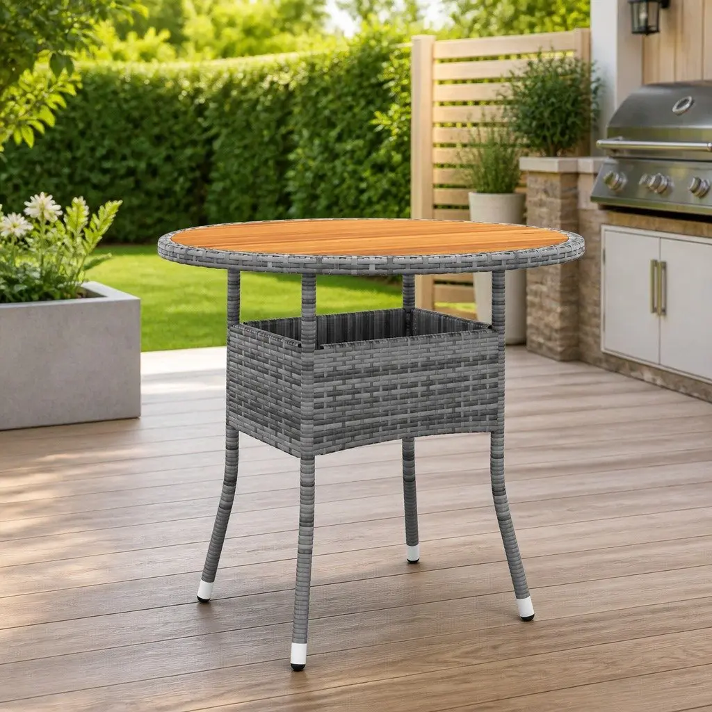 Garden Table Grey Ø80x75 cm Acacia Wood Steel Frame Poly Rattan Outdoor