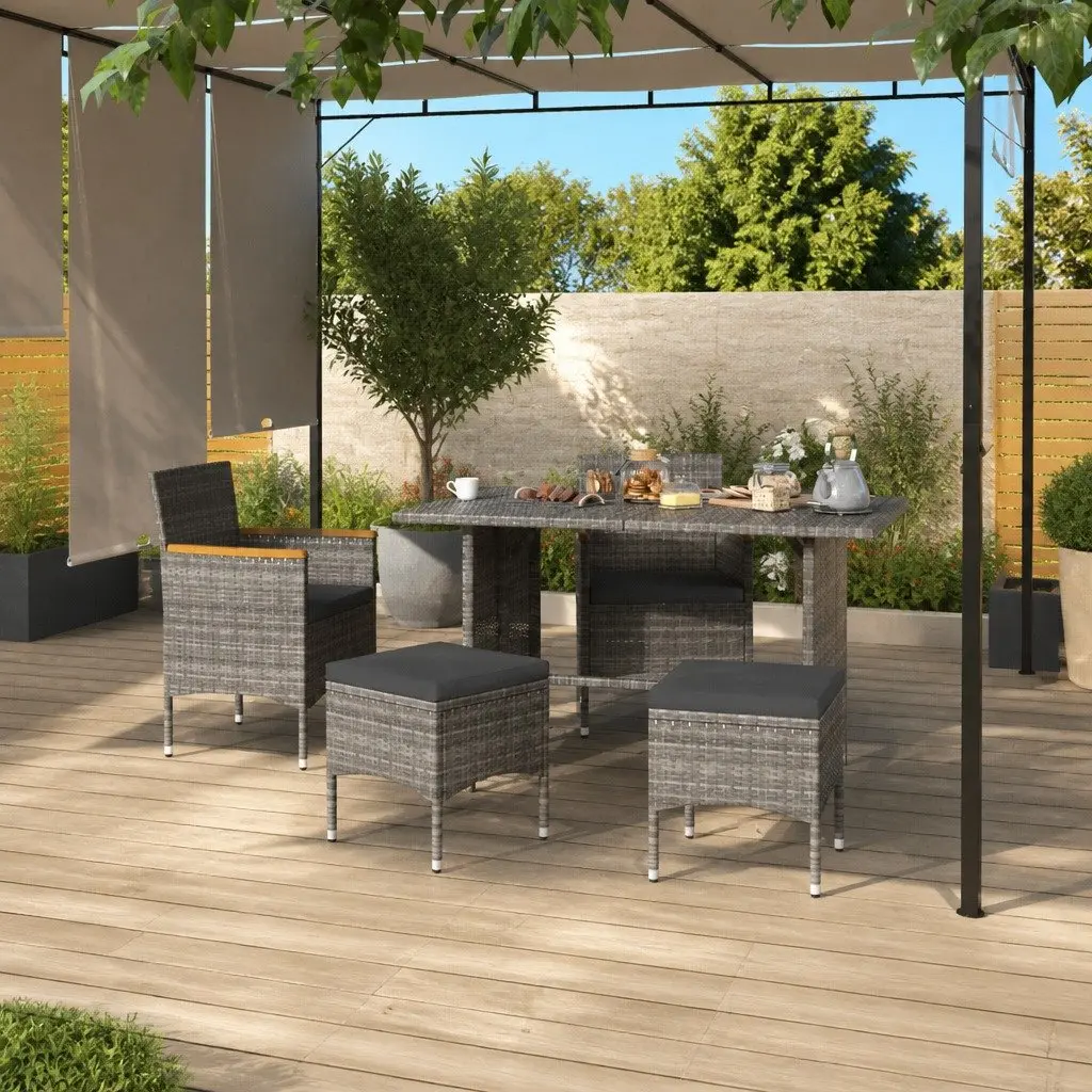 4 Piece Garden Chair and Stool Set Grey Rattan Outdoor Patio Furniture with Cushions