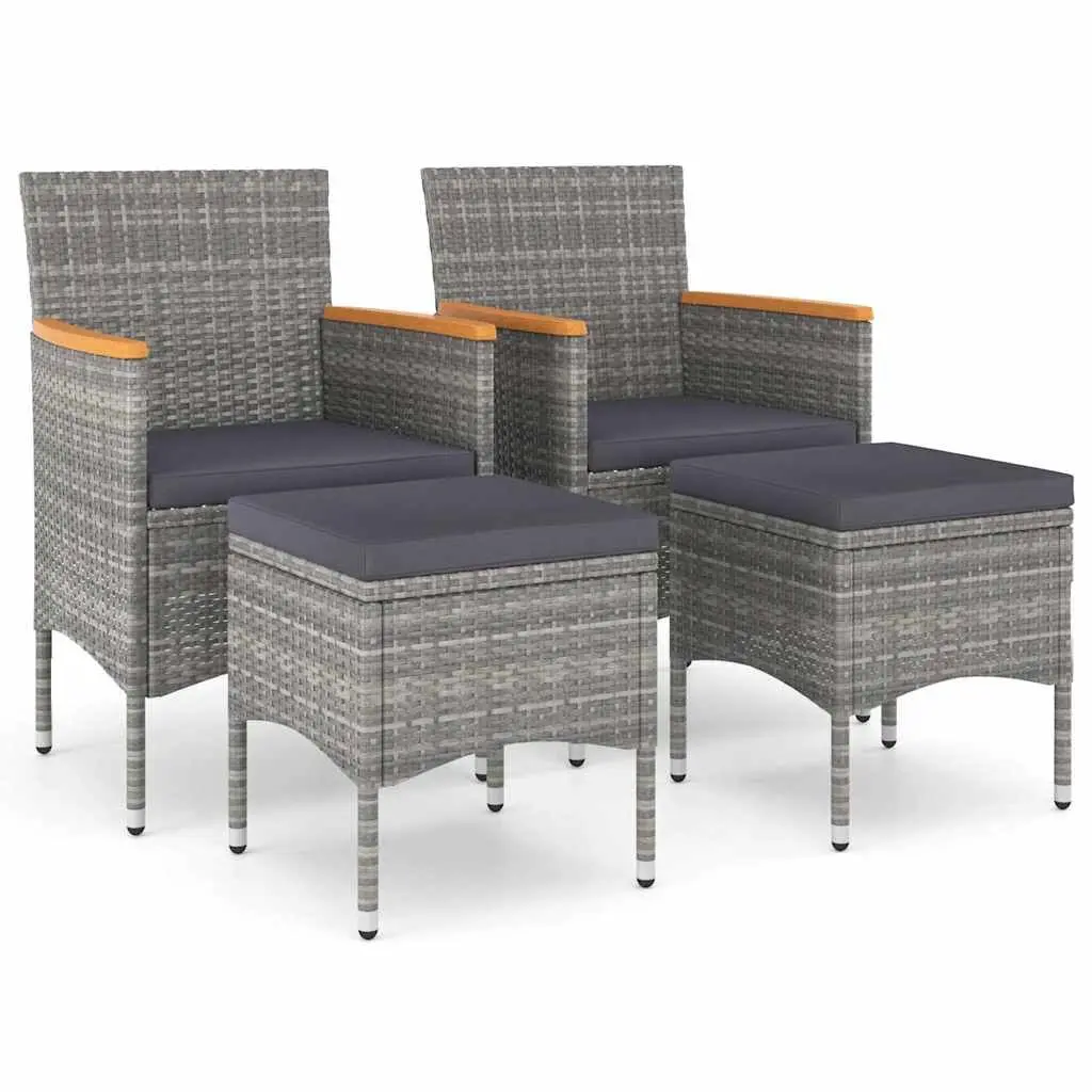 4 Piece Garden Chair and Stool Set Grey Rattan Outdoor Patio Furniture with Cushions