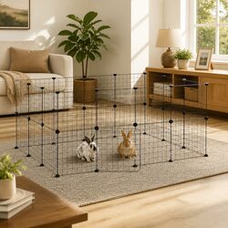 Small Animal Pet Cage 28-Panel Modular Enclosure Black Steel with Door 35x35cm