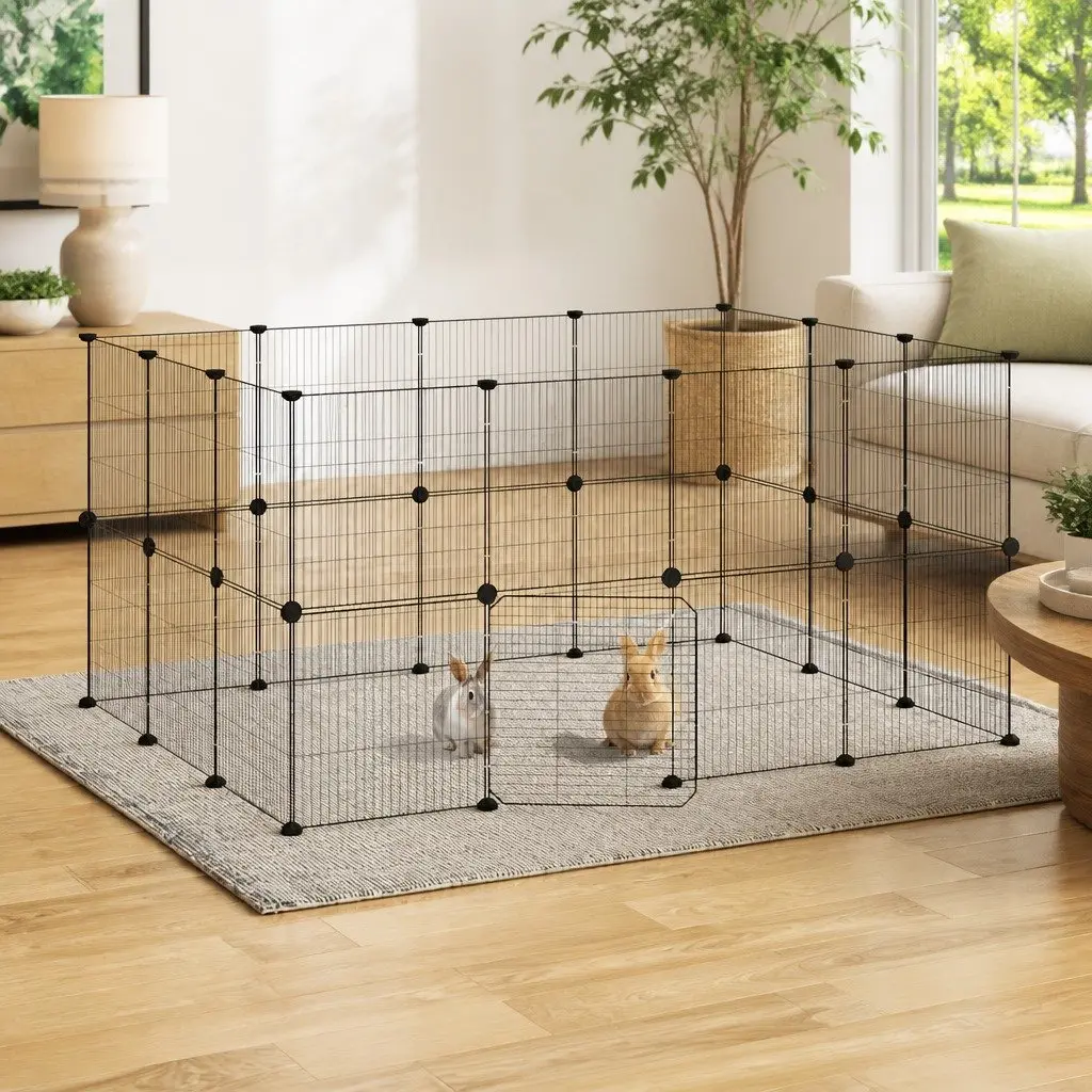 28-Panel Pet Cage with Door 140x105x70 cm Steel Small Animal Enclosure Playpen
