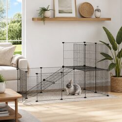 Pet Cage 20-Panel with Door Black 105x70x70 cm DIY Modular Animal Enclosure