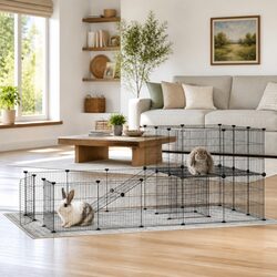 36-Panel Pet Cage with Door 175x105x70 cm Black Steel DIY Playpen Enclosure