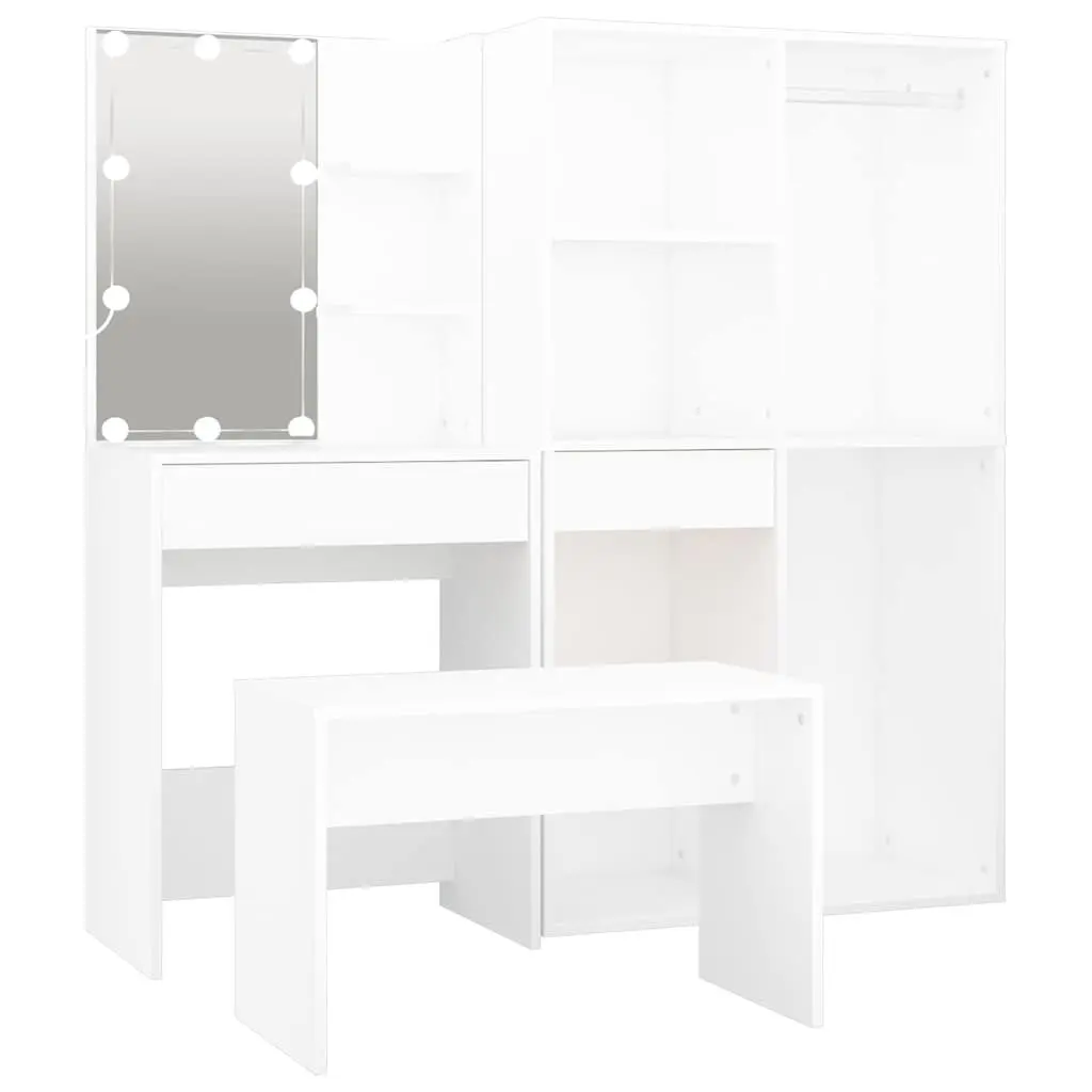 White Dressing Table Set with Utility Mirror and Stool LED Lighting Storage Makeup