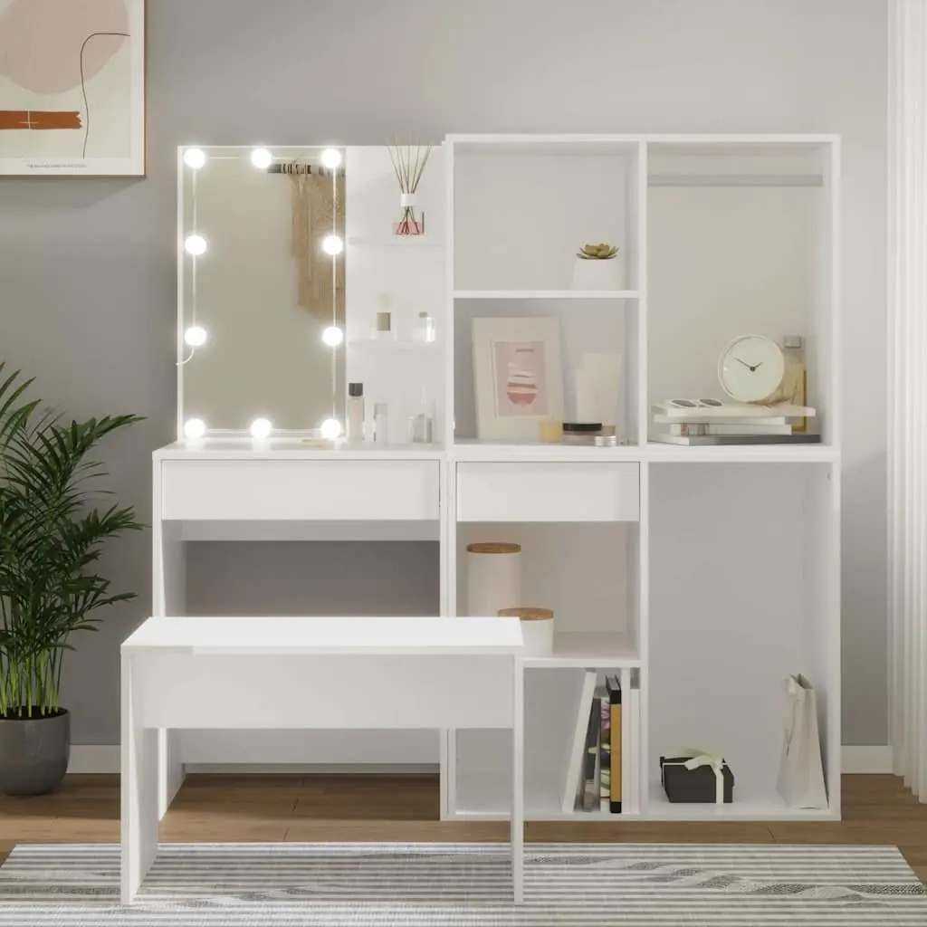 White Dressing Table Set with Utility Mirror and Stool LED Lighting Storage Makeup