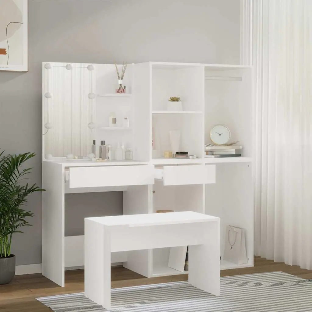White Dressing Table Set with Utility Mirror and Stool LED Lighting Storage Makeup
