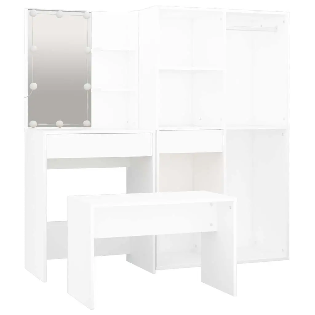 White Dressing Table Set with Utility Mirror and Stool LED Lighting Storage Makeup
