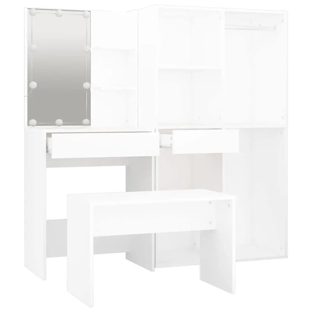 White Dressing Table Set with Utility Mirror and Stool LED Lighting Storage Makeup