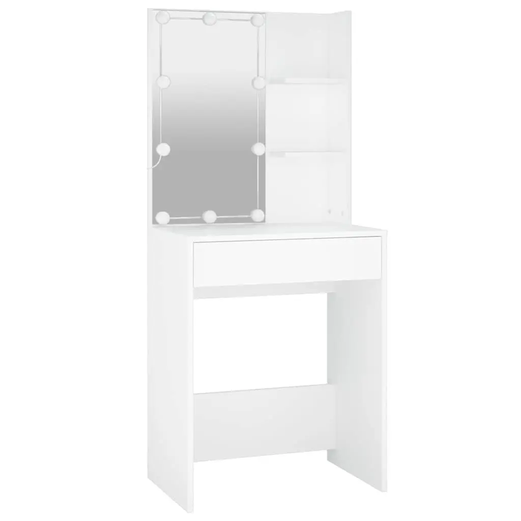 White Dressing Table Set with Utility Mirror and Stool LED Lighting Storage Makeup