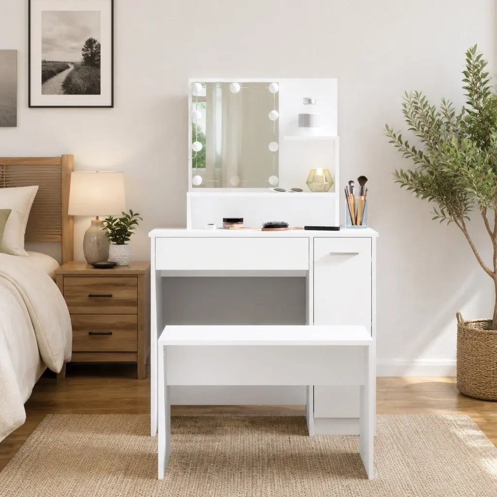 Dressing Table Set White LED Mirror Makeup Vanity Stool Storage