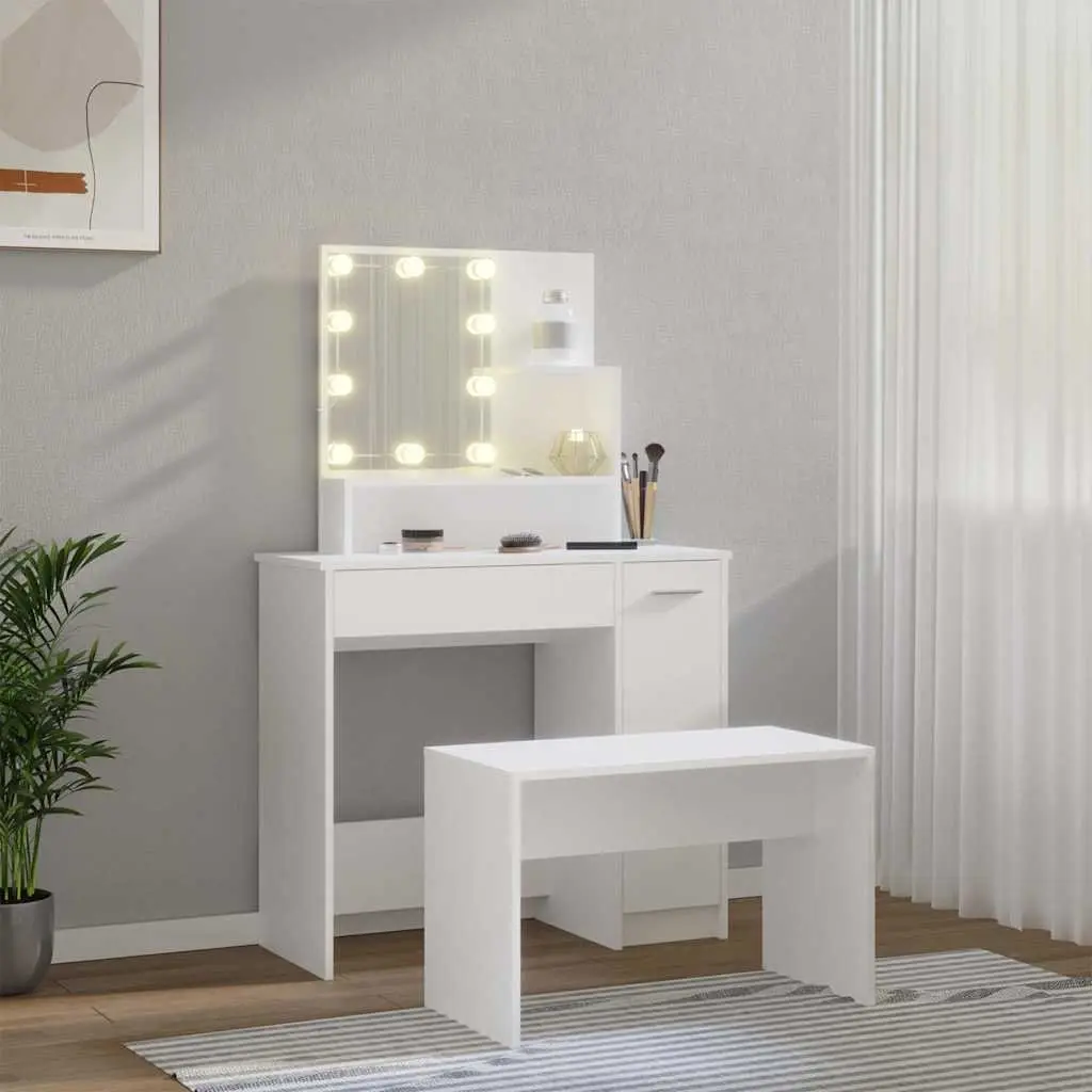 Dressing Table Set White LED Mirror Makeup Vanity Stool Storage