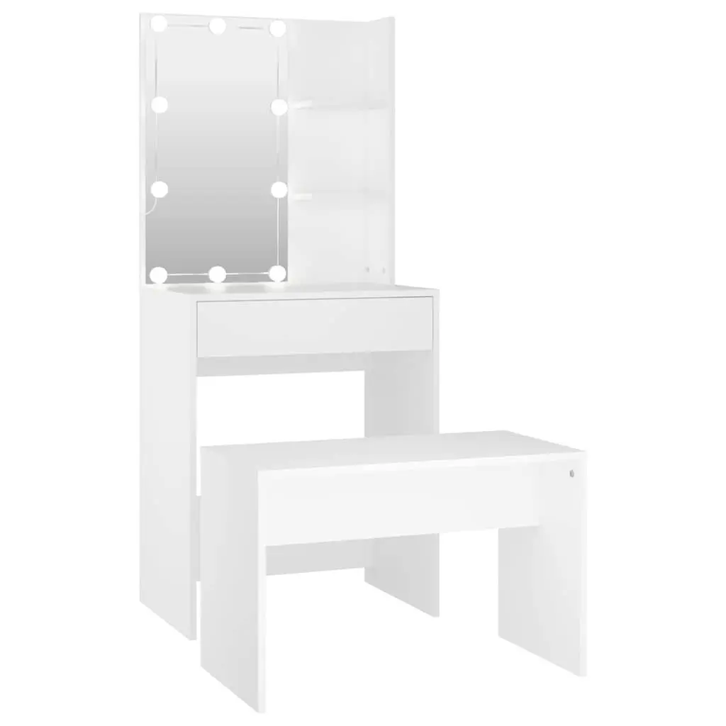 Dressing Table Set White LED Mirror Storage Stool Makeup