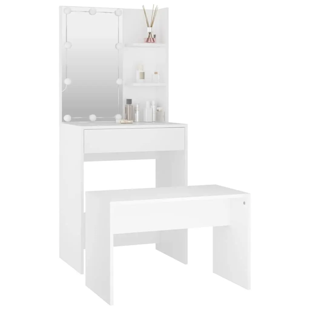 Dressing Table Set White LED Mirror Storage Stool Makeup
