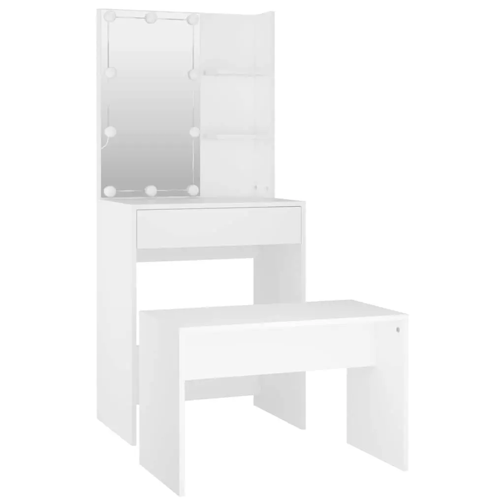 Dressing Table Set White LED Mirror Storage Stool Makeup