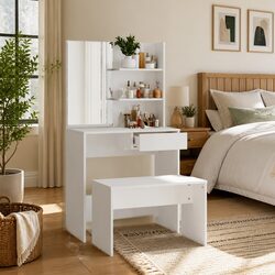 Compact White Dressing Table Set with Mirror