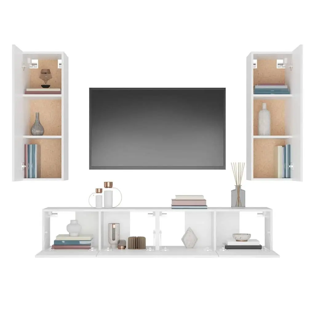 4 Piece Engineered Wood Wall-Mounted Storage Unit White TV Cabinet Set