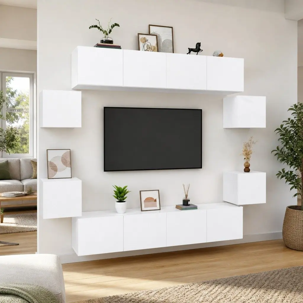 TV Cabinet Set White 8 Piece Wall-Mounted Storage Unit Engineered Wood