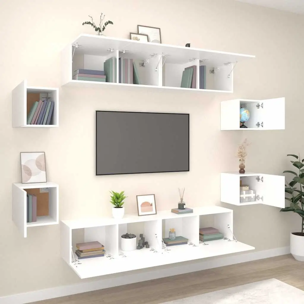 TV Cabinet Set White 8 Piece Wall-Mounted Storage Unit Engineered Wood