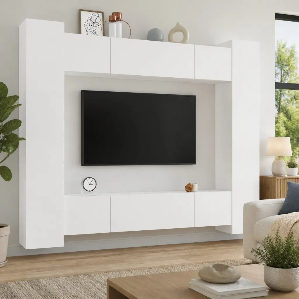 TV Cabinet Set White 8 Piece Wall-Mounted Storage Unit Engineered Wood Furniture