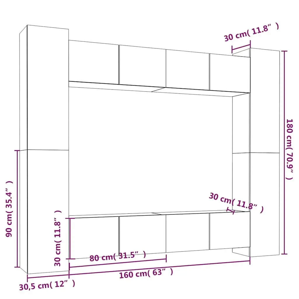 TV Cabinet Set White 8 Piece Wall-Mounted Storage Unit Engineered Wood Furniture