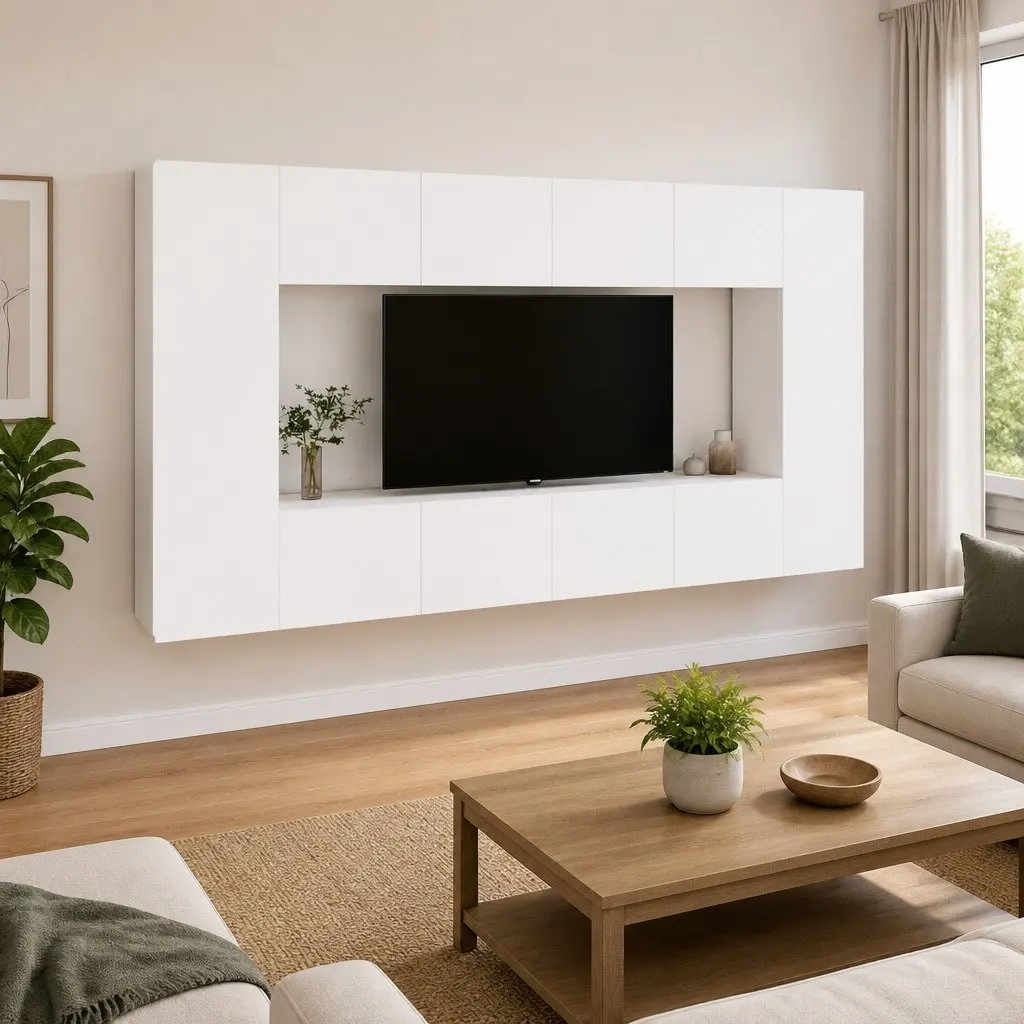 TV Cabinet Set 8 Piece White Wall-Mounted Storage Unit Engineered Wood Furniture
