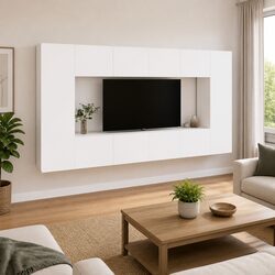 Concise 8 Piece White Wall-Mounted TV Cabinet