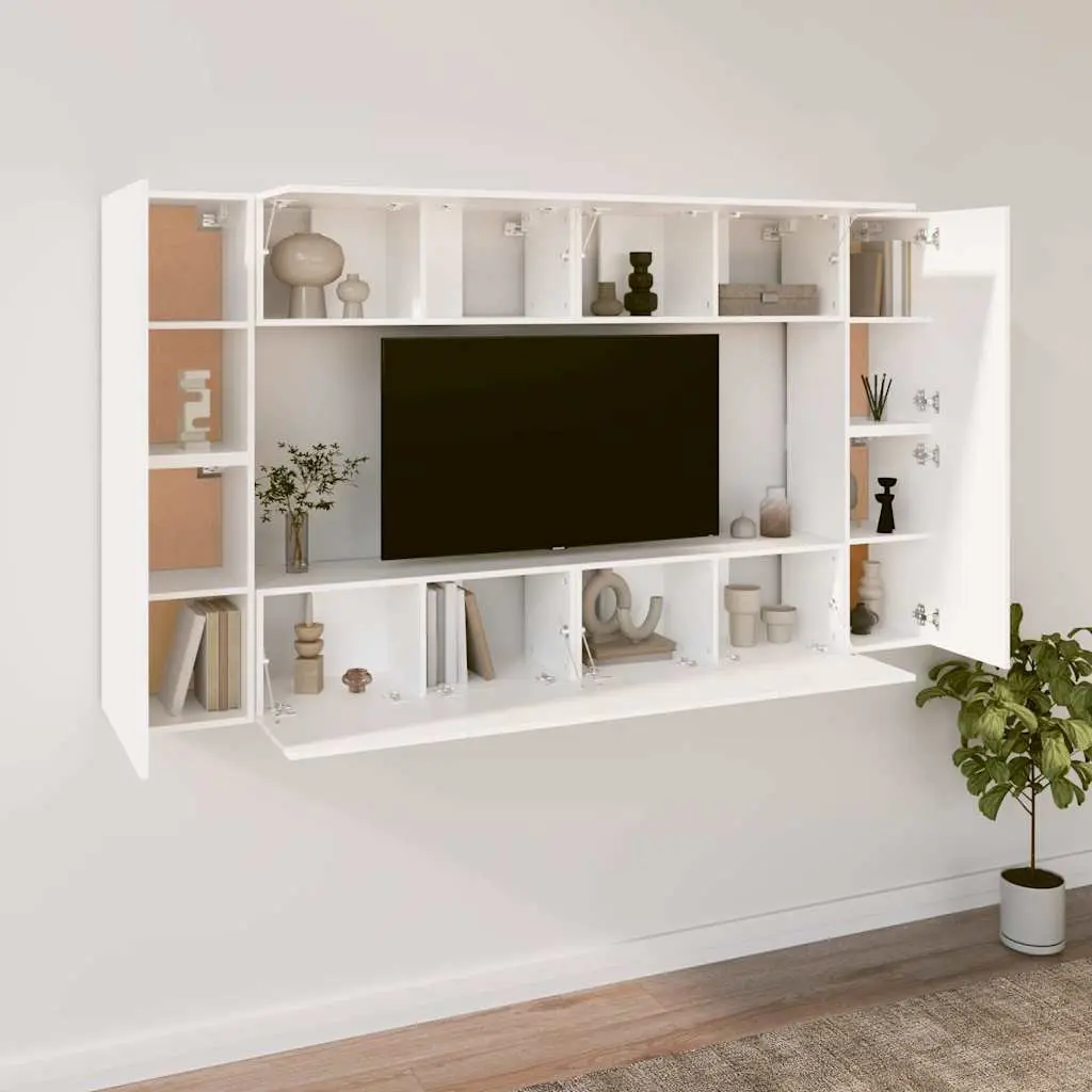 TV Cabinet Set 8 Piece White Wall-Mounted Storage Unit Engineered Wood Furniture
