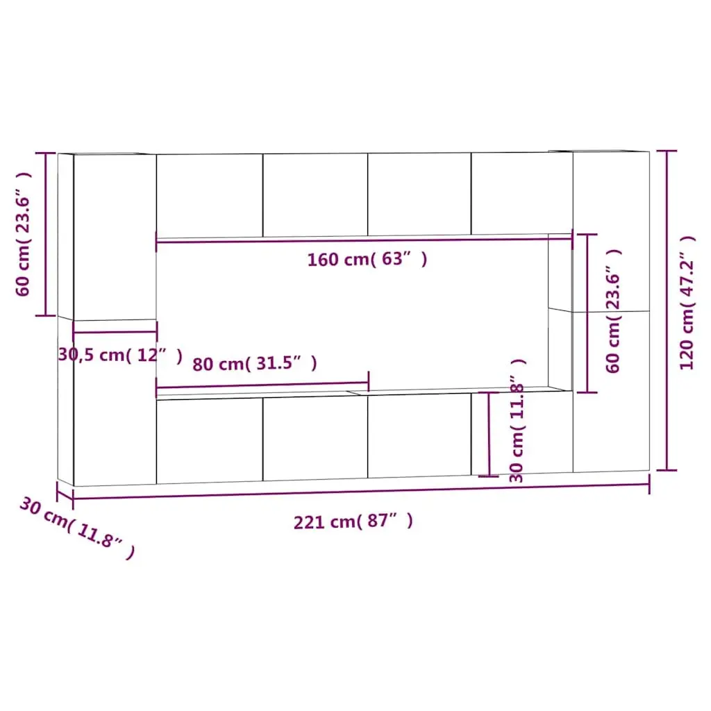 TV Cabinet Set 8 Piece White Wall-Mounted Storage Unit Engineered Wood Furniture