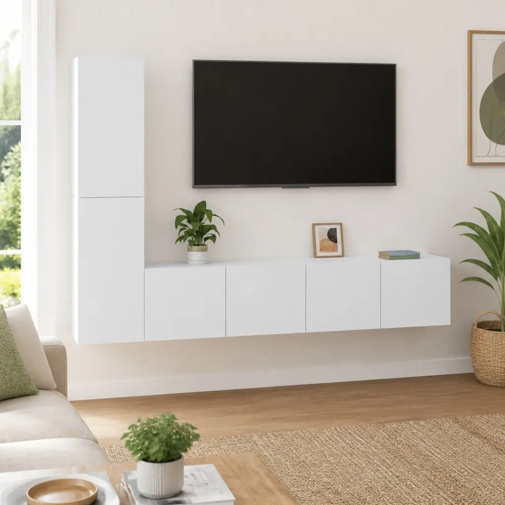 TV Cabinet Set White 4 Piece Wall Mounted Storage Unit Media Organiser