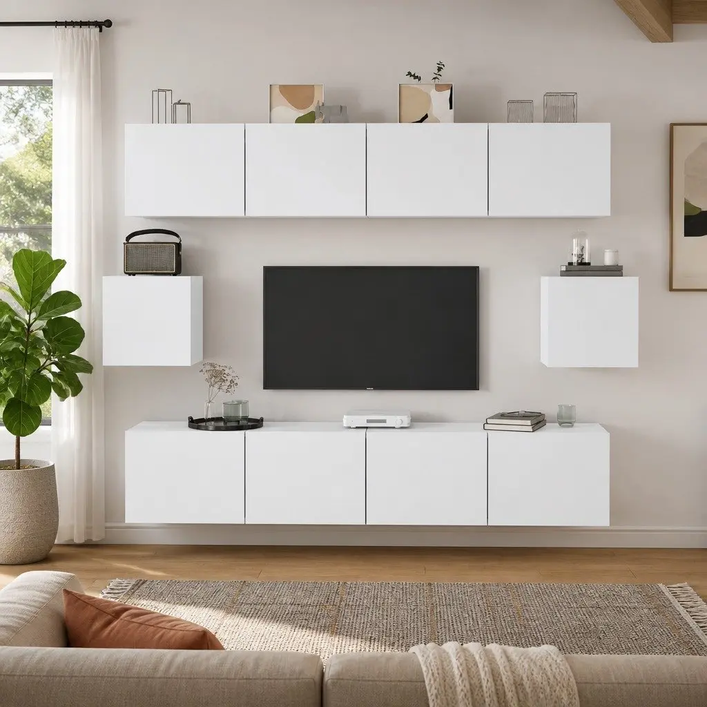 TV Cabinet Set 6 Piece White Wall-Mounted Media Storage Unit Engineered Wood