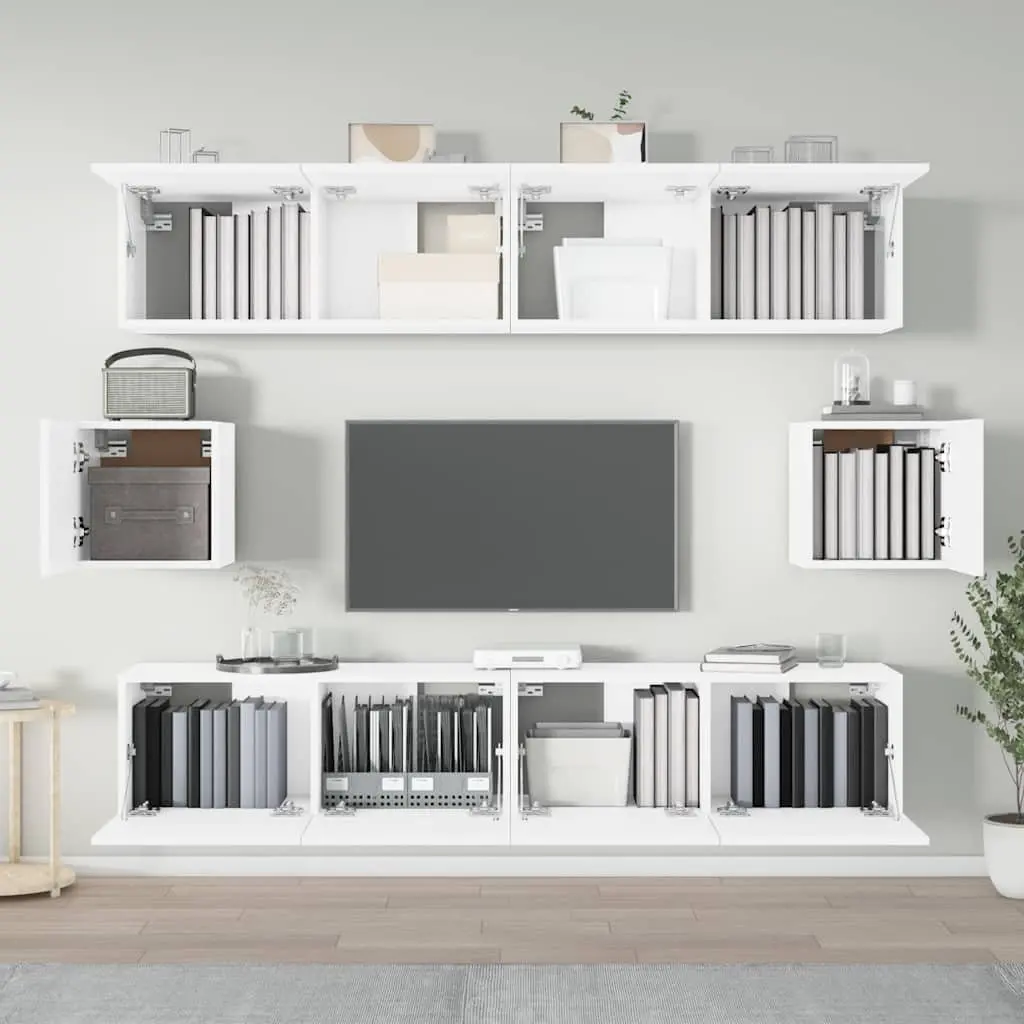 TV Cabinet Set 6 Piece White Wall-Mounted Media Storage Unit Engineered Wood