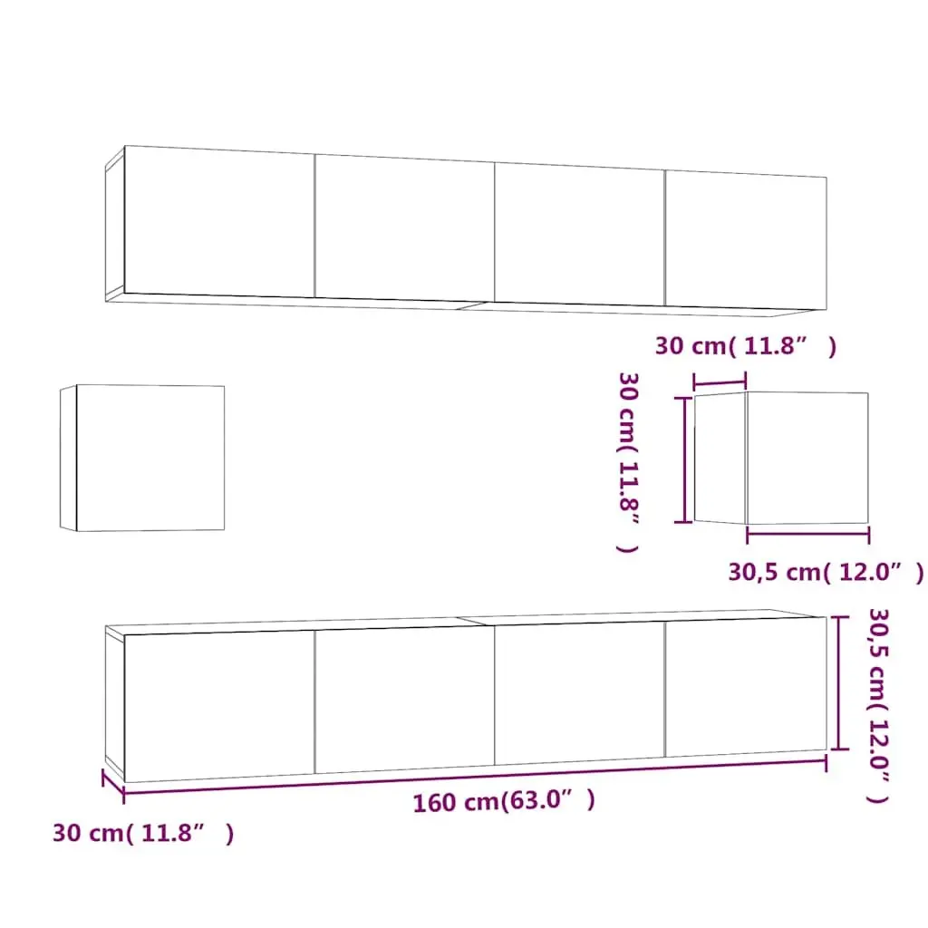 TV Cabinet Set 6 Piece White Wall-Mounted Media Storage Unit Engineered Wood