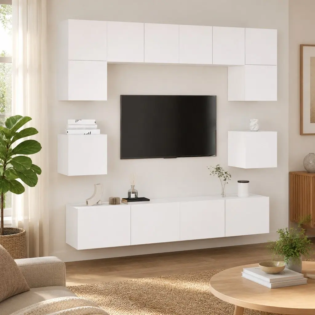 TV Cabinet Set White 8 Piece Wall-Mounted Media Storage Unit Engineered Wood