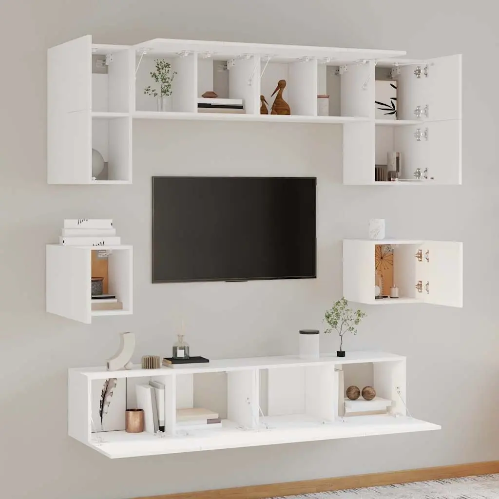 TV Cabinet Set White 8 Piece Wall-Mounted Media Storage Unit Engineered Wood