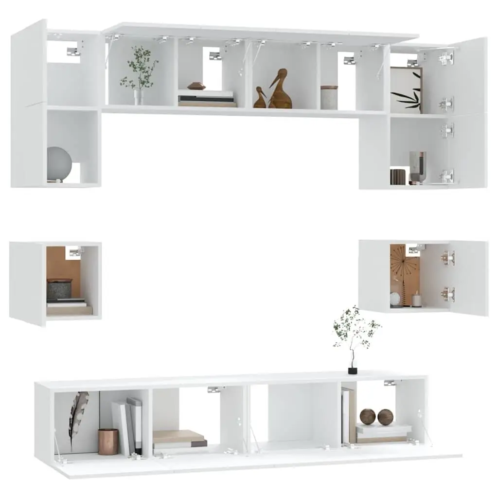 TV Cabinet Set White 8 Piece Wall-Mounted Media Storage Unit Engineered Wood