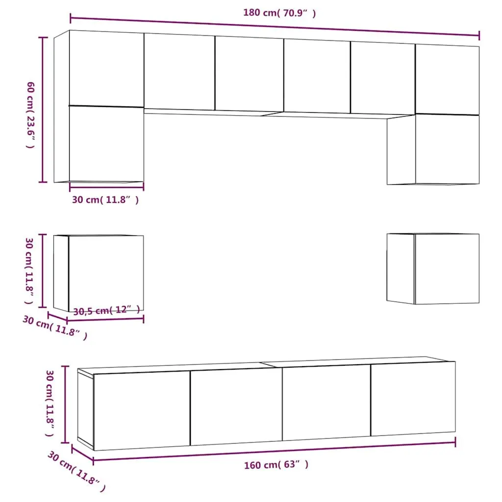 TV Cabinet Set White 8 Piece Wall-Mounted Media Storage Unit Engineered Wood