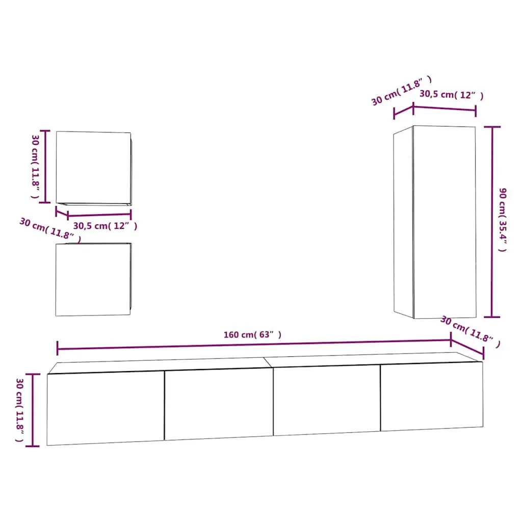 5 Piece Engineered Wood Wall Mounted Storage Unit White TV Cabinet Set