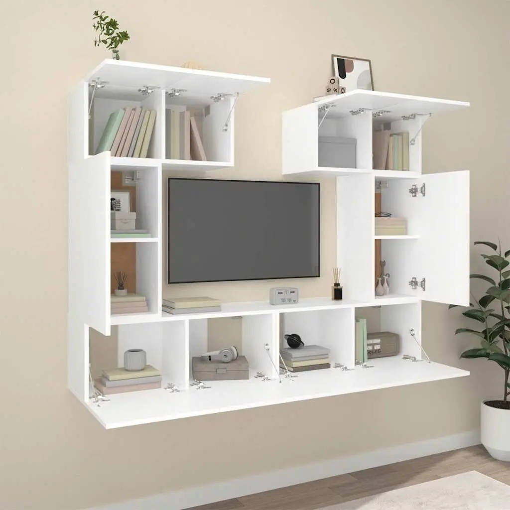 White Wall-Mounted TV Cabinet Set 6 Piece Engineered Wood Storage Unit Living