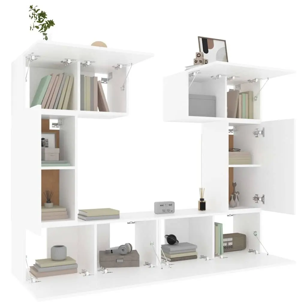 White Wall-Mounted TV Cabinet Set 6 Piece Engineered Wood Storage Unit Living