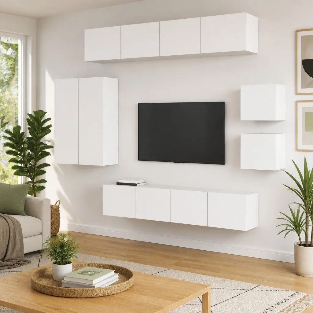 White Engineered Wood TV Cabinet Set with Storage