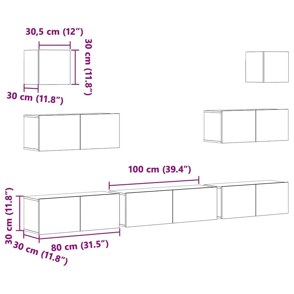 7 Piece Engineered Wood White Wall-Mounted Storage Unit TV Cabinet Set