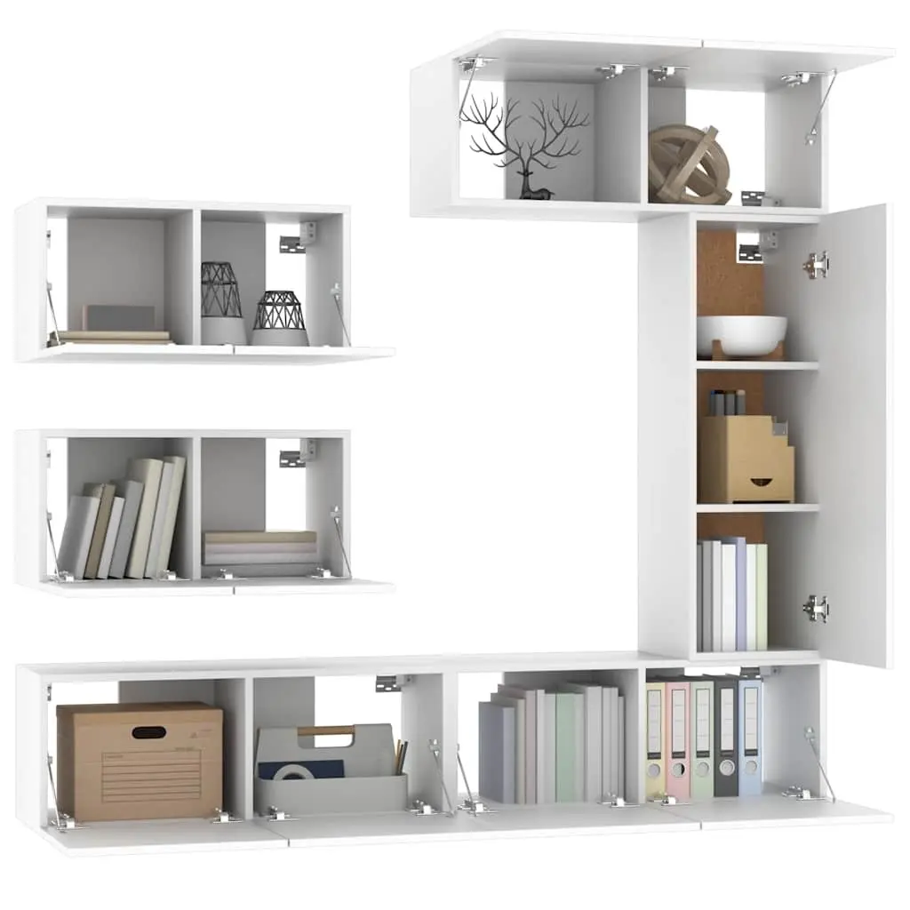 White Engineered Wood TV Cabinet Set 6 Piece Wall Mounted Storage Unit Living