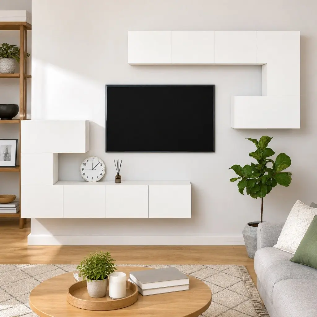 Floating TV Cabinet White Engineered Wood Wall-Mounted Storage Unit with Shelves