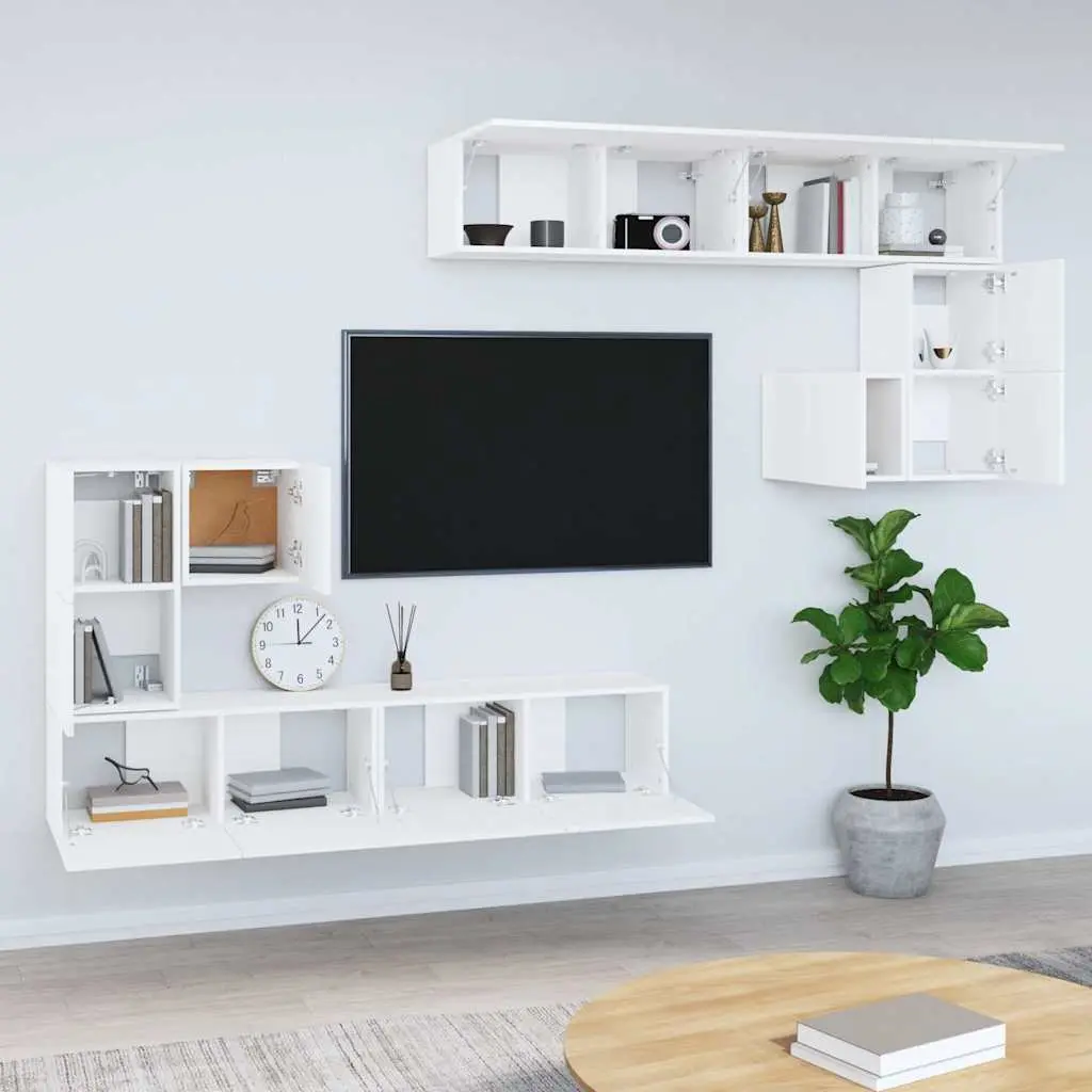 Floating TV Cabinet White Engineered Wood Wall-Mounted Storage Unit with Shelves
