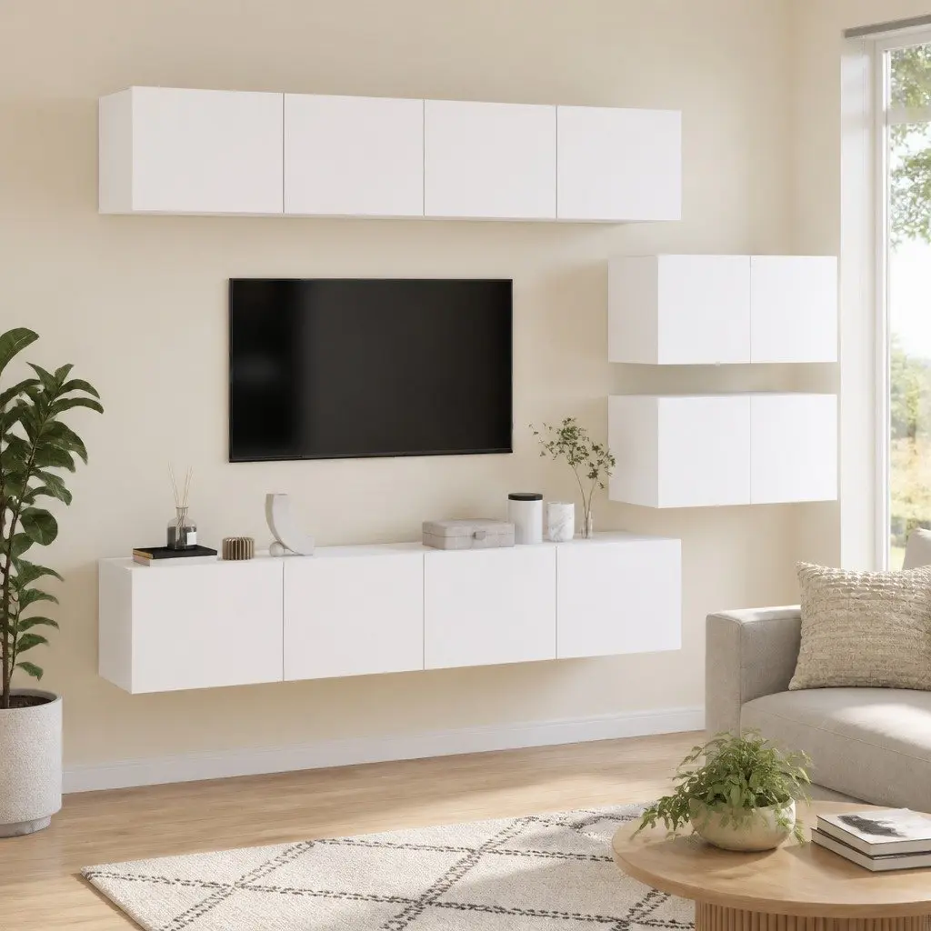 TV Cabinet Set White 4 Piece Wall-Mounted Storage Unit Engineered Wood