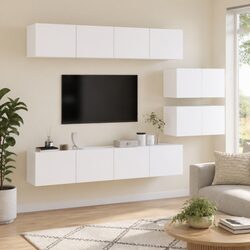 Compact White Wall-Mounted 4 Piece TV Cabinet Set