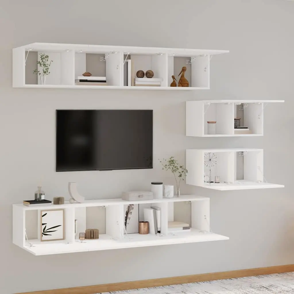 TV Cabinet Set White 4 Piece Wall-Mounted Storage Unit Engineered Wood