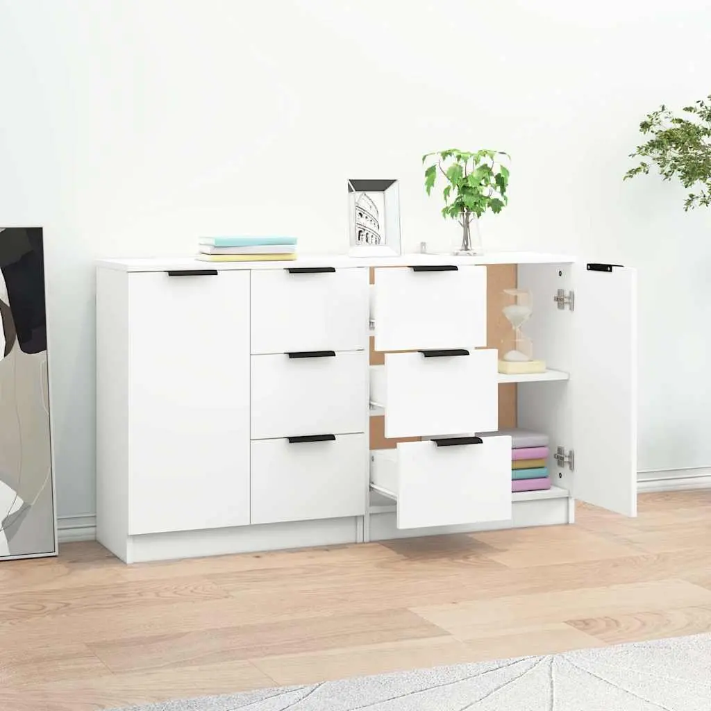 Sideboard Cabinet White Engineered Wood Storage Furniture 2 Piece Living Room Buffet