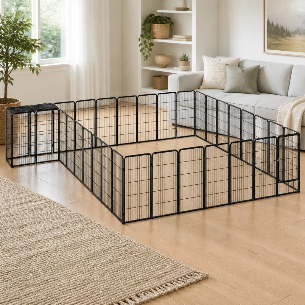 Dog Playpen Black 34-Panel Heavy-Duty Steel Outdoor Indoor Exercise Enclosure